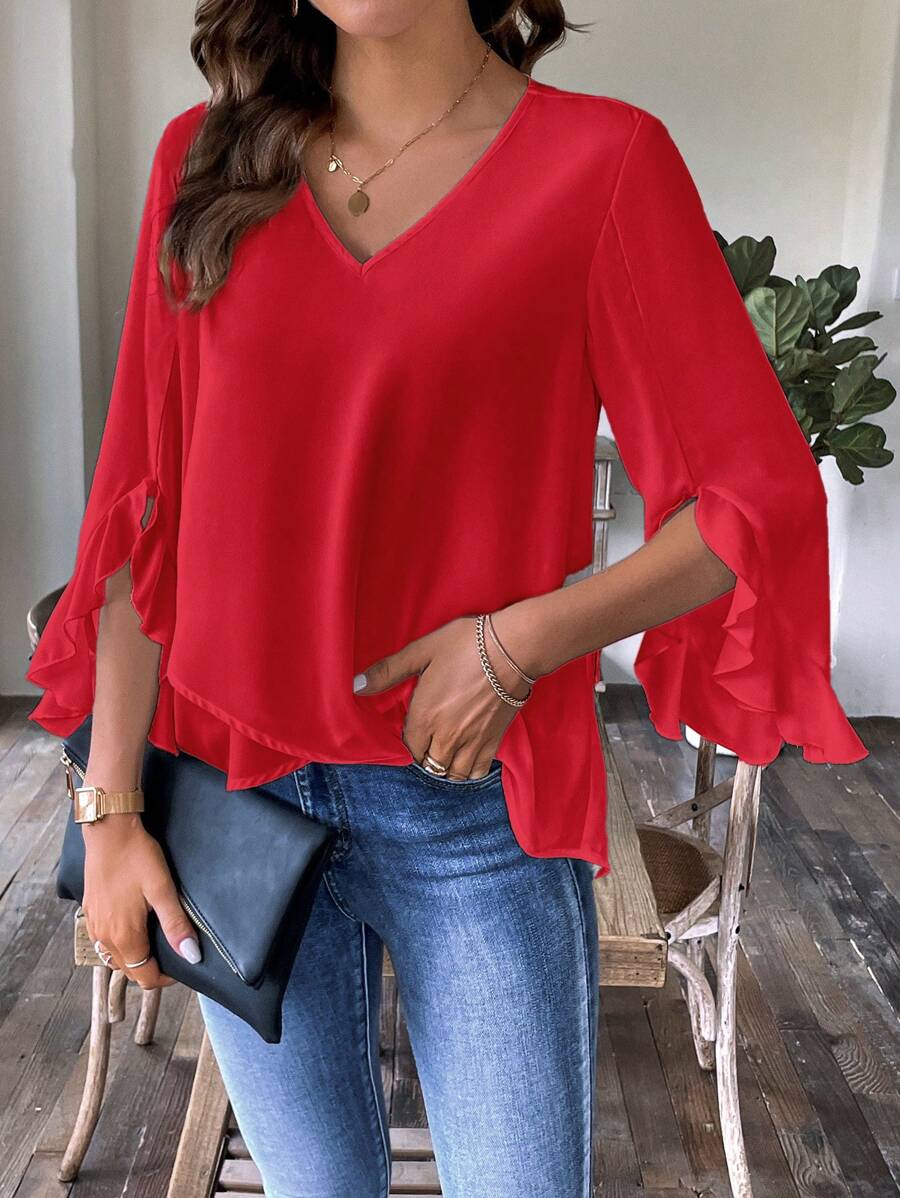 SHEIN Clasi Women's V-Neck Ruffle Edge Decorated Blouse