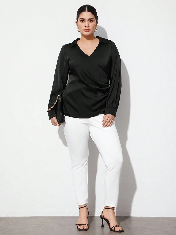 Plus Size Women'S Turn-Down Collar Pleated Long-Sleeved Shirt