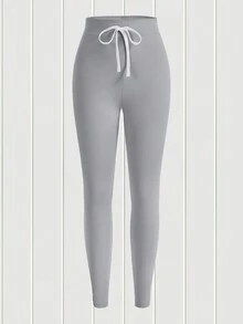 SHEIN EZwear Plus Size Women's 2pcs Solid Colored Drawstring Waist Skinny Leggings - Multicolor - View 4