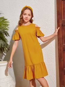 Vestido De Corte Imperio Para Niñas Jóvenes Con Hombros Descubiertos Y Ribete Con Volantes De Un Solo Color - Amarillo - Ver 3