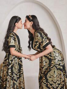 Al Najma All Over Print V-Neck Arabian Dress - Multicolor - View 1