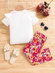 SHEIN Young Girl Summer Holiday Casual Comfortable Printed Short Sleeve T-Shirt And Pants Set