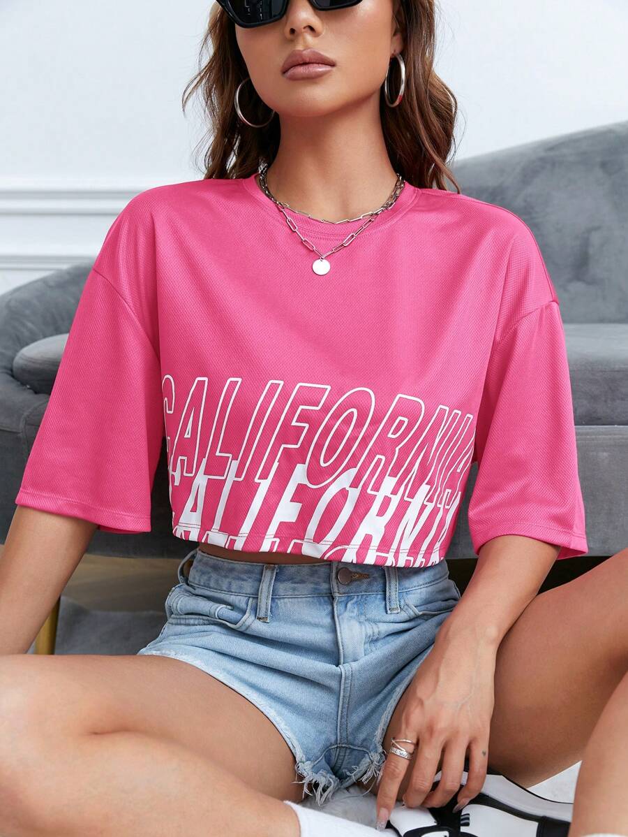 SHEIN EZwear Ladies' Stylish Pink Drop Shoulder T-Shirt With Letter Print - Hot Pink - View 1
