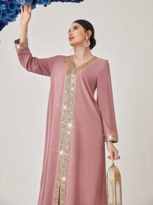 Al Najma Women's Woven Ribbon Patchwork Jalabiya Dress, Modest - Pink - View 10