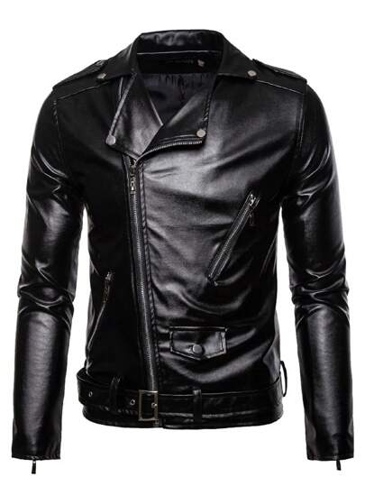 Jaqueta de Motociclista Masculina de Design Simples com Gola Embutida, Zíper frontal, Cor Sólida, Primavera/Outono
