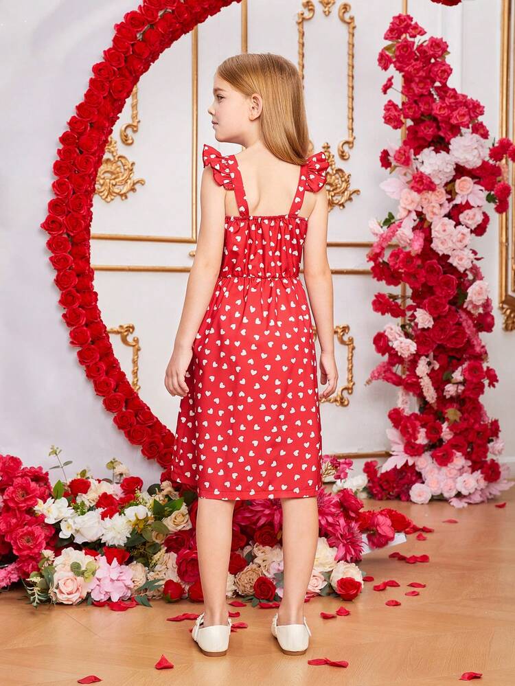 Tween Girls' Heart Print Dress With Tiered Ruffle Hem