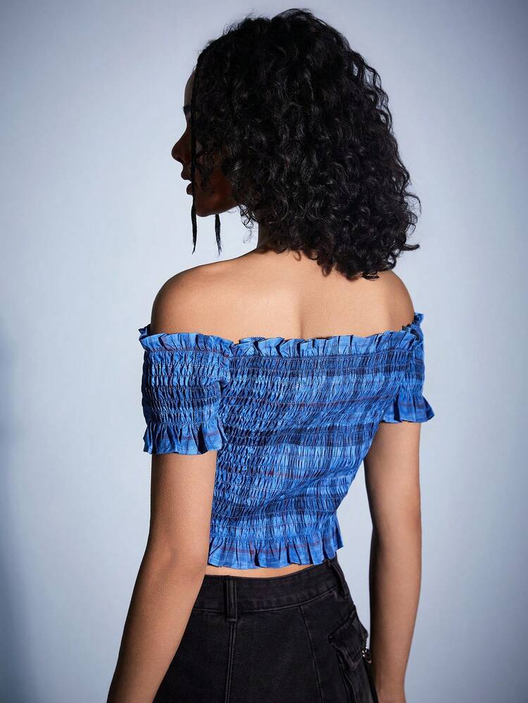 Women's College Style Plaid Off Shoulder Top