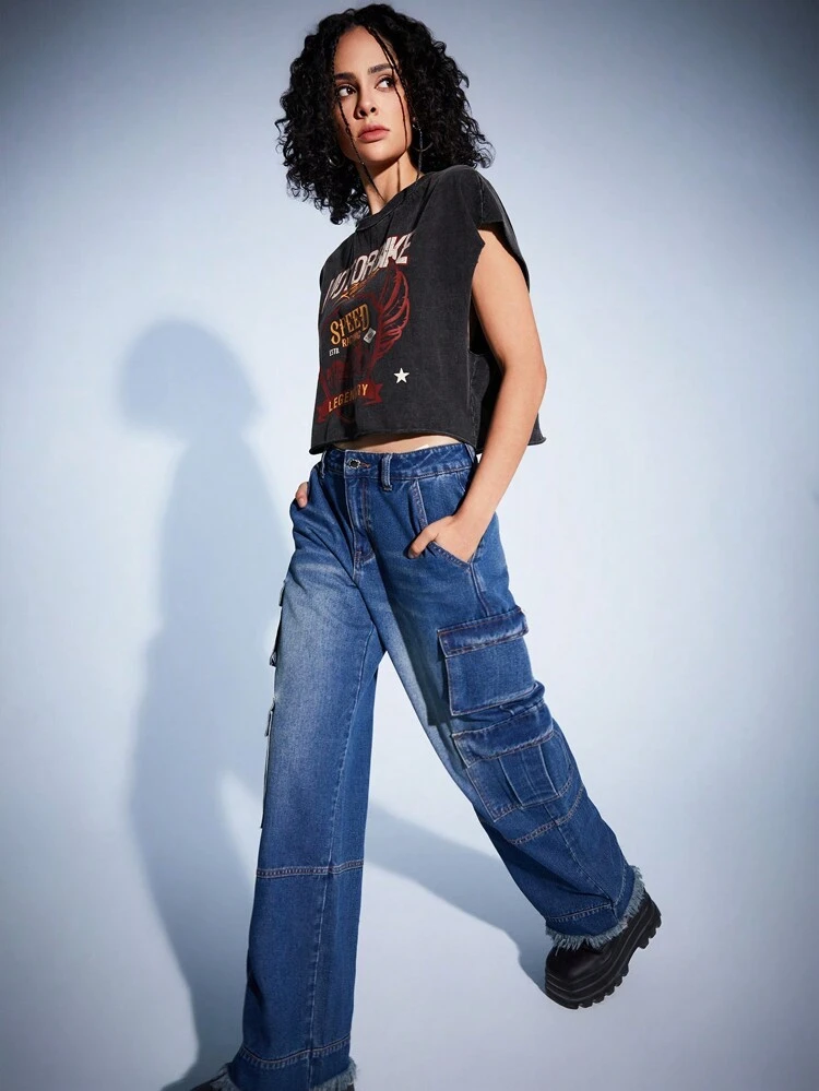 Women's Short Sleeve Black Round-Neck Letter Printed T-Shirt