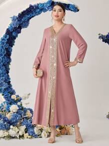 Al Najma Women's Woven Ribbon Patchwork Jalabiya Dress, Modest - Pink - View 6