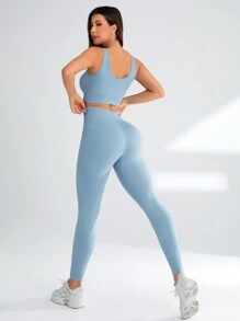 Yoga Basic Sports Tank Top And Leggings Set Workout Women Sets - Dusty Blue - View 3