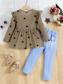 SHEIN Young Girl Heart Print Ruffle Trim Peplum Top & Pants - Khaki - View 4