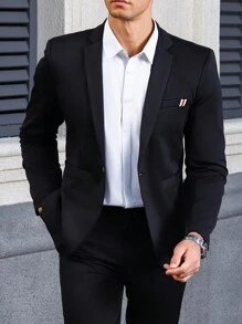 Manfinity Mode 男士1入組西裝領單釦西裝外套 - 黑色 - 查看 1