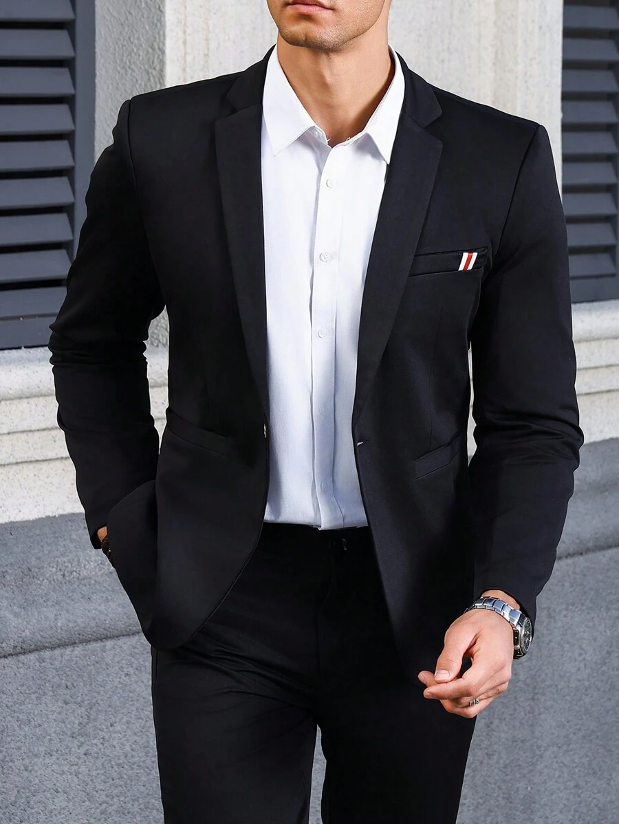 Manfinity Mode 男士1入組西裝領單釦西裝外套 - 黑色 - 查看 1