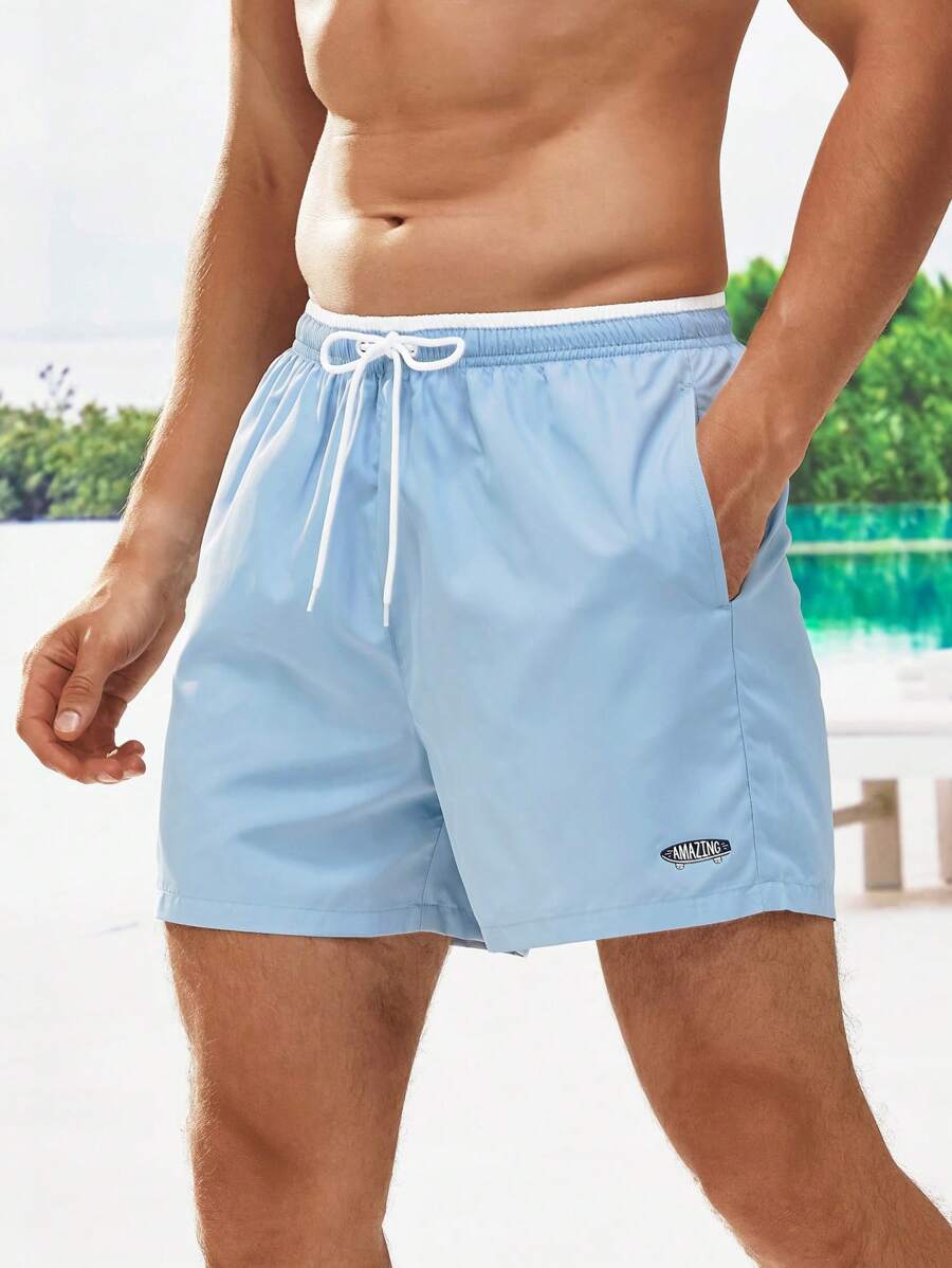 ZELFYO Quần short nam đi biển Dây kéo Đắp vá Lá thư Boho - Màu xanh nhạt - Xem 1