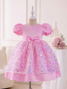Vestido De Princesa Rosa Con Lazo De Brillo Y Manga Bombacha Para Niñas Jóvenes, Ideal Para Fiesta De Cumpleaños, Boda Y Espectáculo De Vacaciones - Rosa - Ver 7