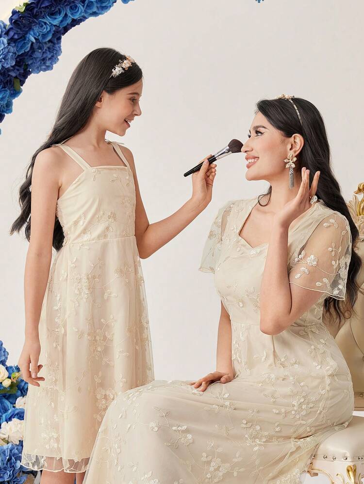 Women'S Floral Embroidery A-Line Dress Long Evening Dresses