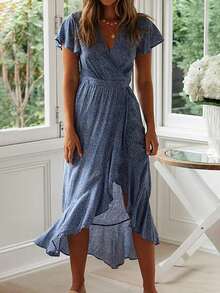 女士碎花荷叶边下摆短袖拼接中长连衣裙，优雅度假装