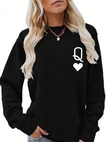 SHEIN LUNE Của phụ nữ Kích thước lớn Xì phé In Vòng cổ Áo nỉ - màu đen - Xem 1