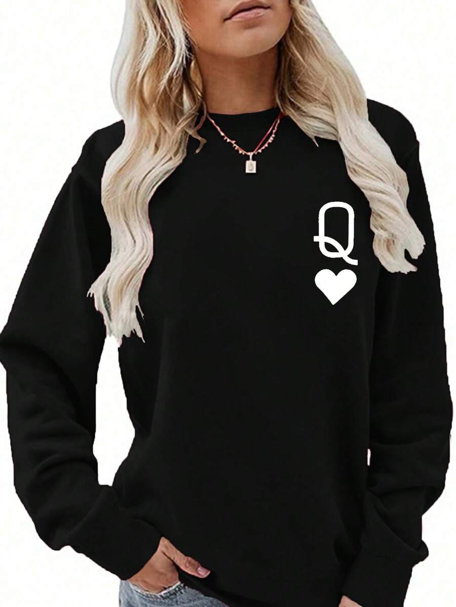 SHEIN LUNE Của phụ nữ Kích thước lớn Xì phé In Vòng cổ Áo nỉ - màu đen - Xem 1