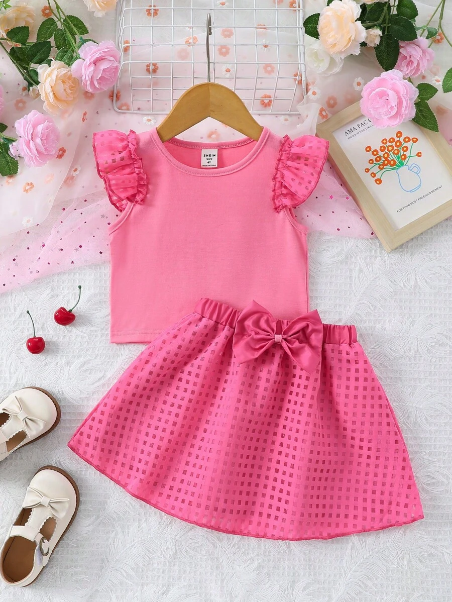 SHEIN Conjunto De Blusa Y Falda Rosa Para Niña Joven - Rosa - Ver 1