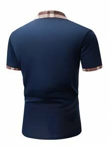Manfinity Homme Camisa Polo De Hombre De Parche De Tela A Cuadros - Azul - Ver 2