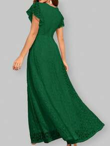 成人优雅蕾丝派对婚礼伴娘礼服，短袖荷叶边装饰 - 墨綠色 - 查看 2