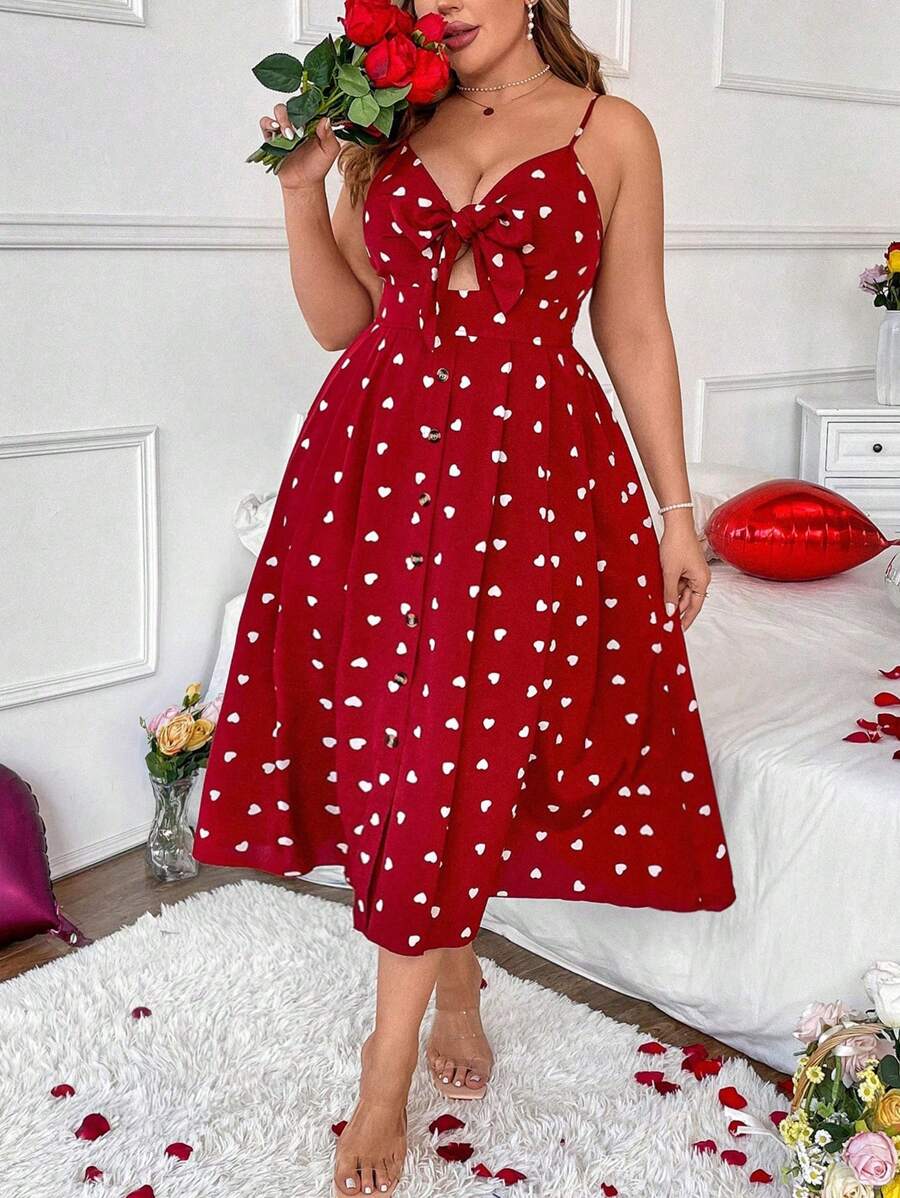 Flirla Váy yếm in hình trái tim Boho cỡ lớn dành cho nữ, mùa hè - Đỏ - Xem 1