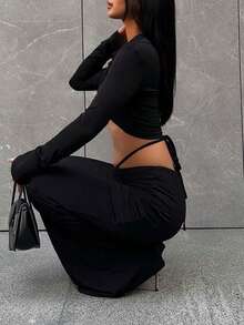 女士哥特復古性感帶繩子美人魚裙 - 黑色 - 查看 4