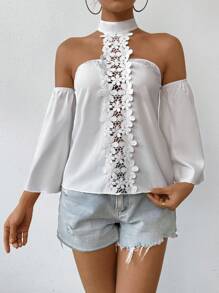 Chiquease Solid Color Lace Patchwork Open Shoulder Halter Neck Shirt - White - View 6