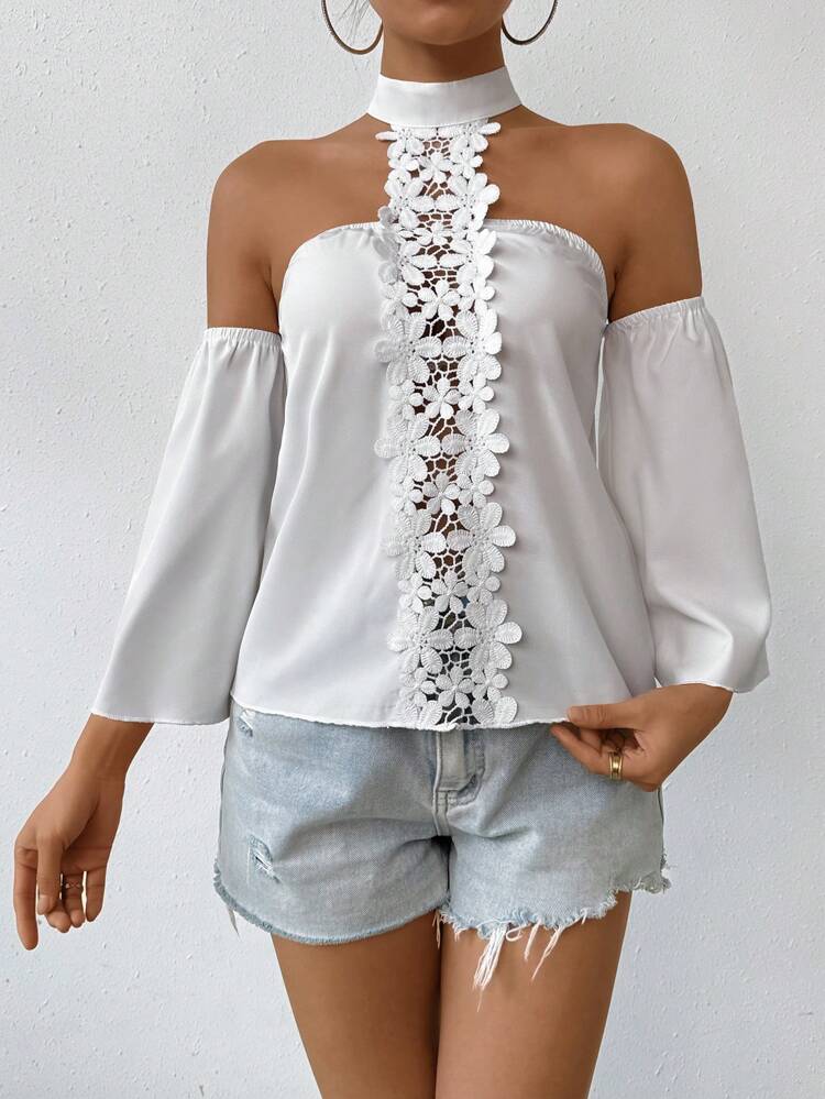 Solid Color Lace Patchwork Open Shoulder Halter Neck Shirt