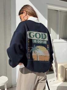 女士休闲标语和棕榈树印花圆领运动衫，秋冬 - 藏蓝色 - 查看 1