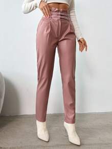 EURMUSE Pantaloni conici Pu cu talie dublă pentru femei - Liliac violet - Vizualizare 3