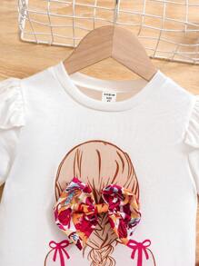 SHEIN Young Girl Summer Holiday Casual Comfortable Printed Short Sleeve T-Shirt And Pants Set