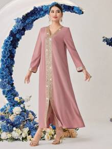 Al Najma Women's Woven Ribbon Patchwork Jalabiya Dress, Modest - Pink - View 3