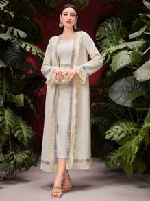 Al Najma Women'S Beige Lace And Fringe Two Pieces Set 2 Pieces Set - Apricot - View 3