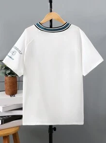 青少年男孩短袖字母印花鈕扣前衣 - 白色 - 查看 2