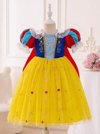 SHEIN Girl's Princess Dress, Yellow Princess Dress, Christmas Children, Christmas Kids Dress, Partywear New Years Dress, Christmas Kids Dress, Birthday Party, Ball Dress With Red Cloak, Gorgeous Princess Dress, Sequins, Bubble Sleeves, Lace, All Season