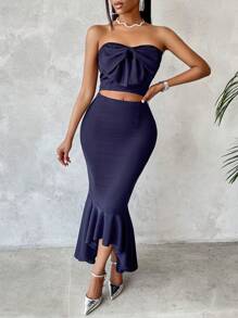Zolique Women's Bow Decorated Strapless Dress With Hollow Out Waist And Mermaid Hem - Navy Blue - View 5
