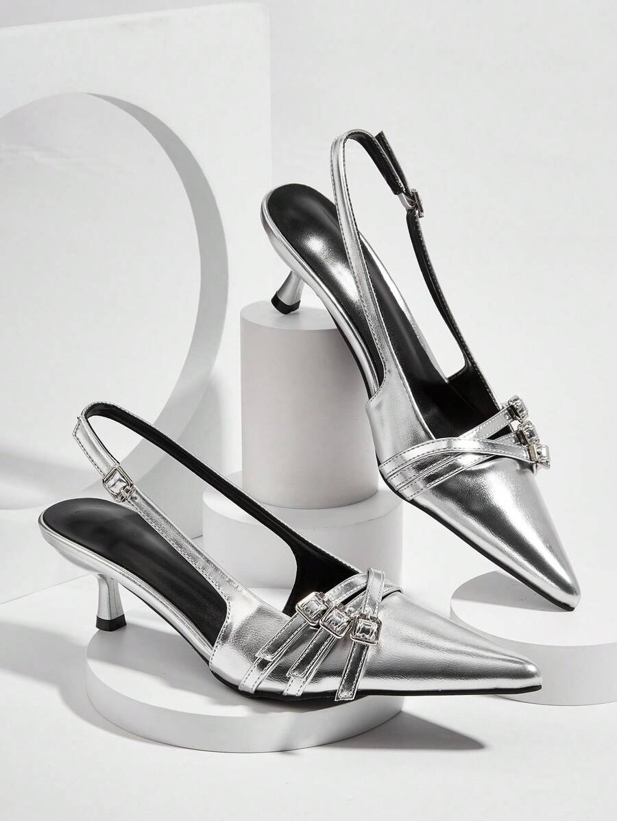 婚礼派对性感别致银色细高跟尖头高跟鞋，金属细节装饰，情人节优雅小猫跟鞋