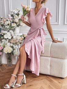 Chiquease Solid Color Ruffle Edge Wrap Tie Waist Dress - Dusty Pink - View 1