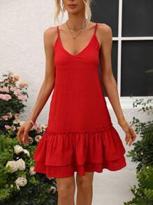 Breezaya Ladies' Ruffled Hem Spaghetti Strap Dress - Red - View 5