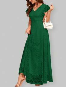 成人优雅蕾丝派对婚礼伴娘礼服，短袖荷叶边装饰 - 墨綠色 - 查看 4