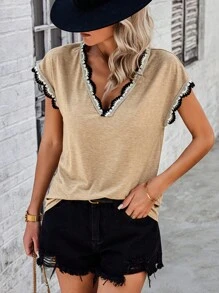 SHEIN LUNE Ladies' V-Neck Lace Trim T-Shirt - Apricot - View 3