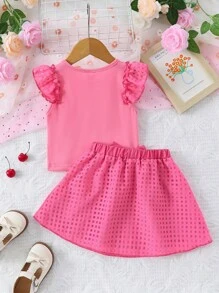 SHEIN Conjunto De Blusa Y Falda Rosa Para Niña Joven - Rosa - Ver 2