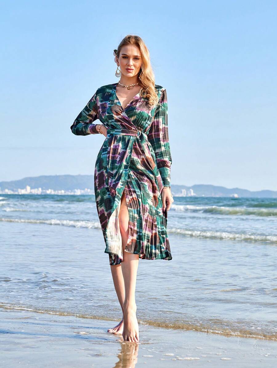 GENKIRA Vestido Casual De Manga Larga Para Mujer Con Estampado (patrón Aleatorio) - Multicolor - Ver 1
