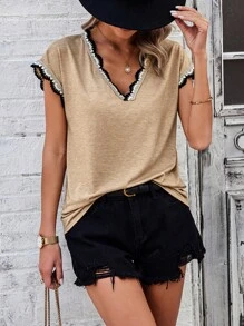 SHEIN LUNE Ladies' V-Neck Lace Trim T-Shirt - Apricot - View 5