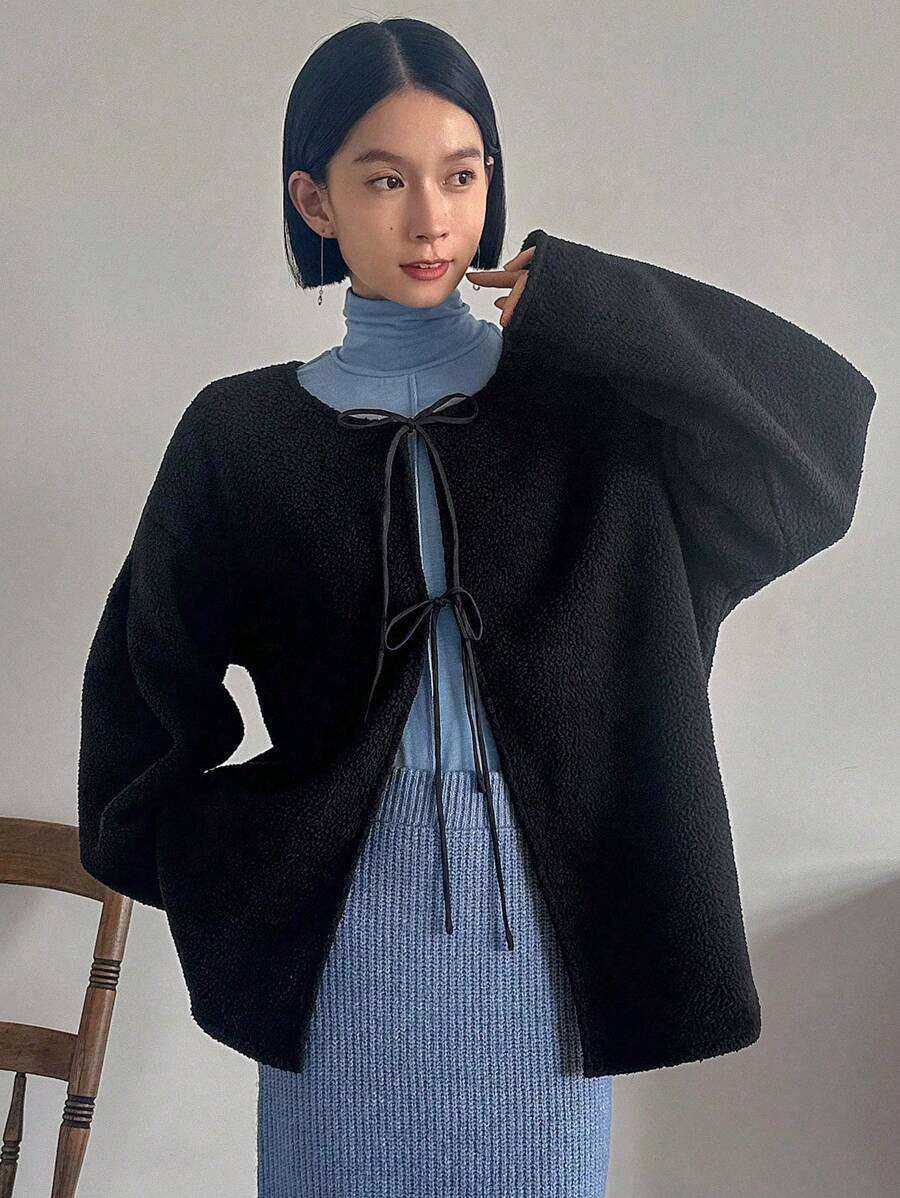 FRIFUL 女士系带腰带修身夹克，开襟设计，落肩袖，秋季女装外套