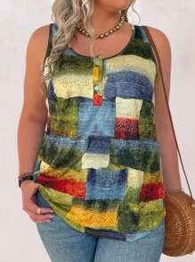 SHEIN LUNE Plus Patchwork Print Half Button Tank Top, Women Summer Top - Multicolor - View 6
