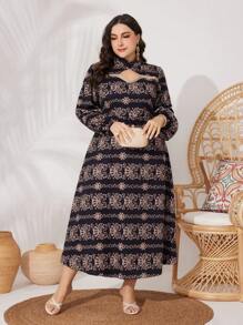 Modelyn Vestido De Manga Larga Con Estampado Al Azar En Talla Grande - Negro - Ver 4
