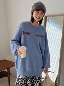 FRIFUL 女士宽松落肩针织毛衣，秋装 - 藍色 - 查看 1